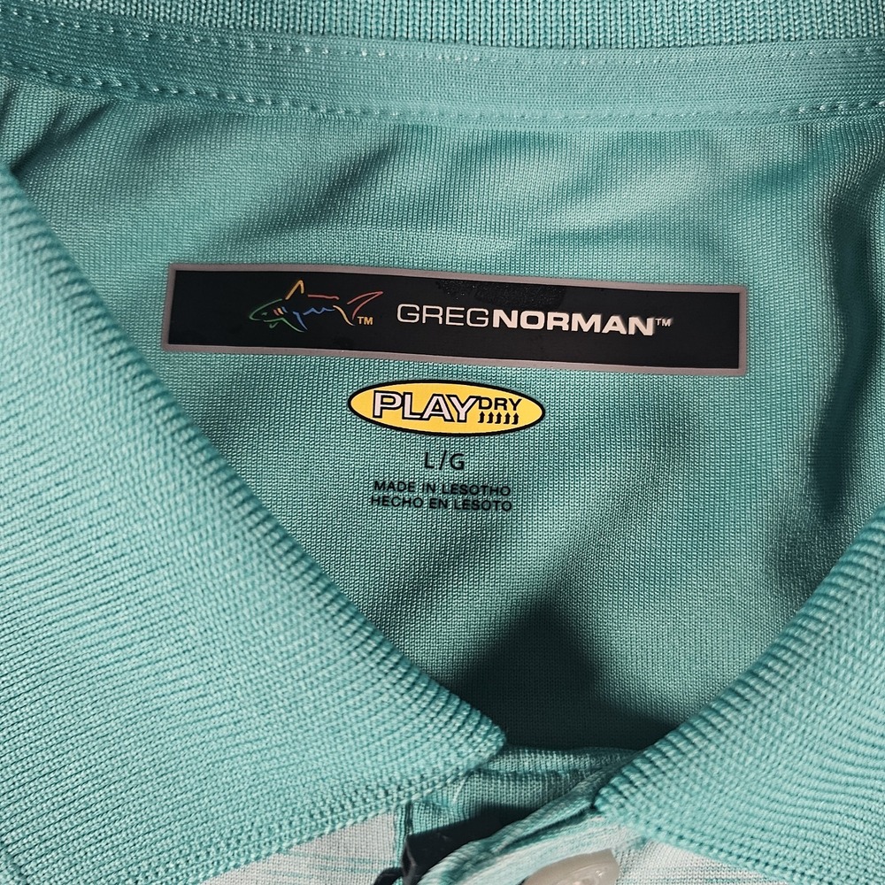 Greg Norman Play Dry Polo Shirt Mens Large NWT Aqua Striped Golf Shark Logo - Picture 3 of 10